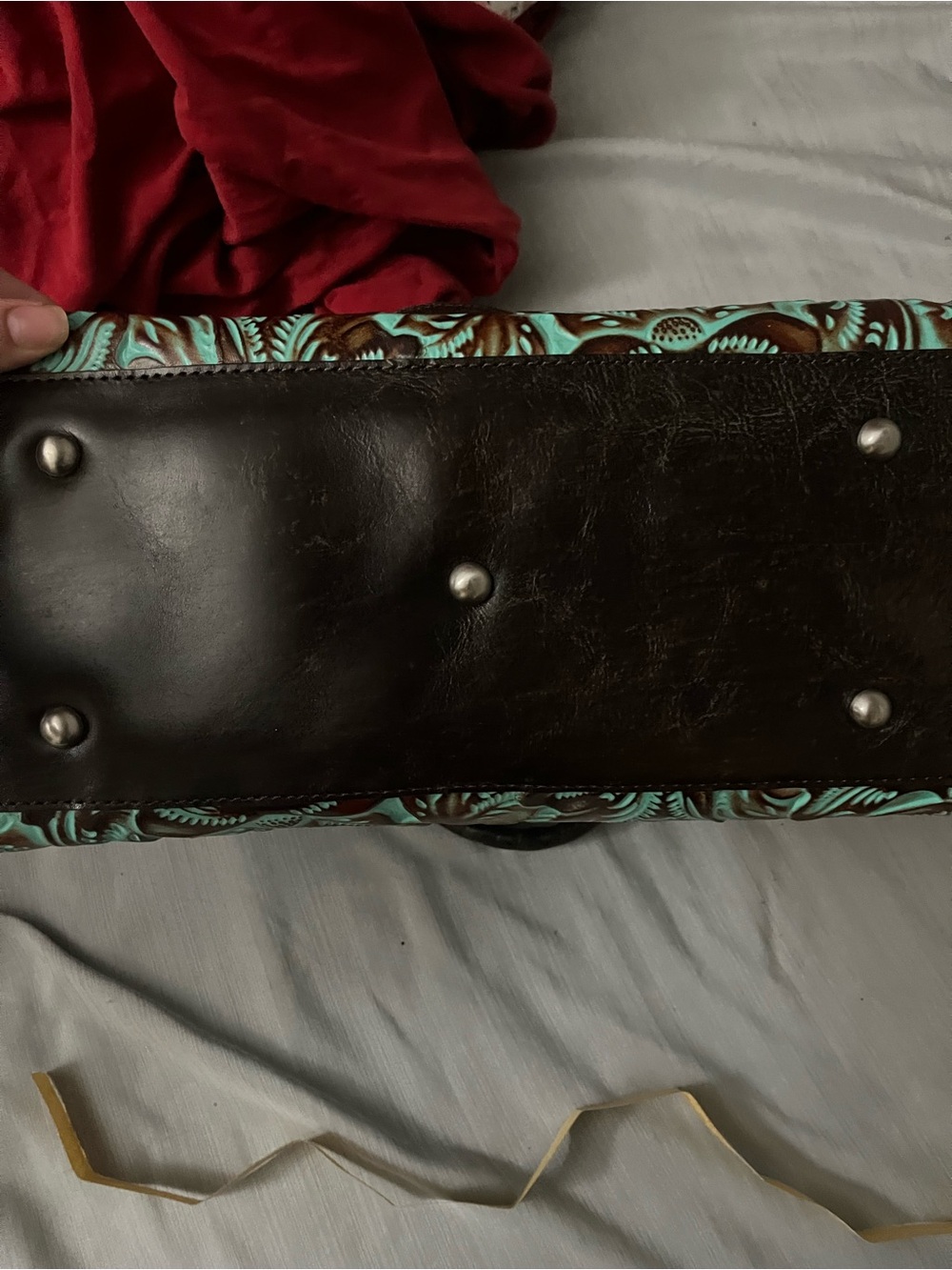 Patricia Nash Turquoise and Brown Tooled Leather Satchel - Picture 4 of 4